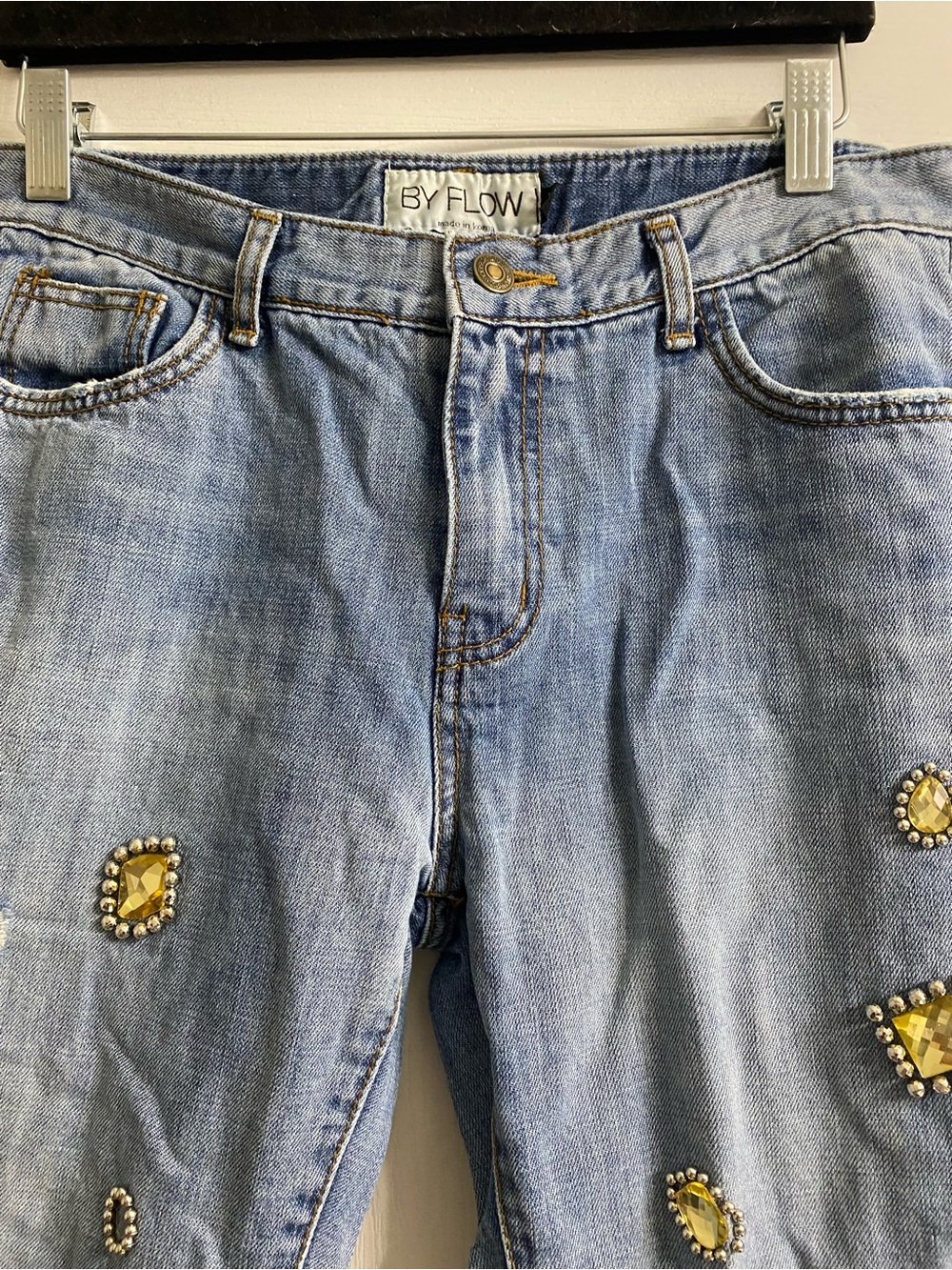 By Flow Korea Amber Jeweled Statement Distressed Ankle Y2K Whimsigoth Jeans Sz M - Picture 5 of 15